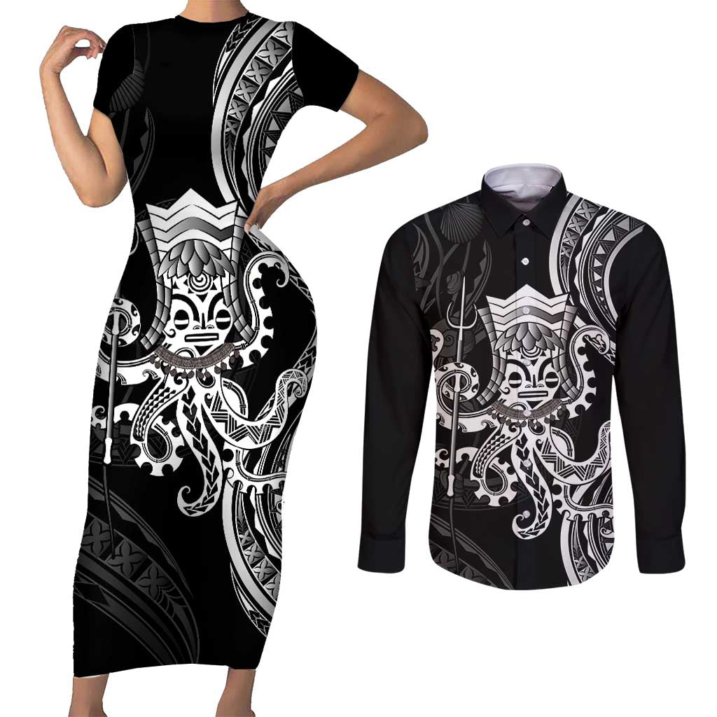 Black Hawaii Kanaloa God Couples Matching Short Sleeve Bodycon Dress and Long Sleeve Button Shirt Hawaiian Octopus LT14 Black - Polynesian Pride