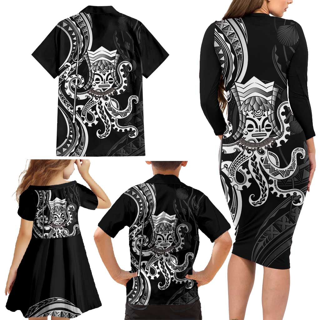 Black Hawaii Kanaloa God Family Matching Long Sleeve Bodycon Dress and Hawaiian Shirt Hawaiian Octopus LT14 - Polynesian Pride