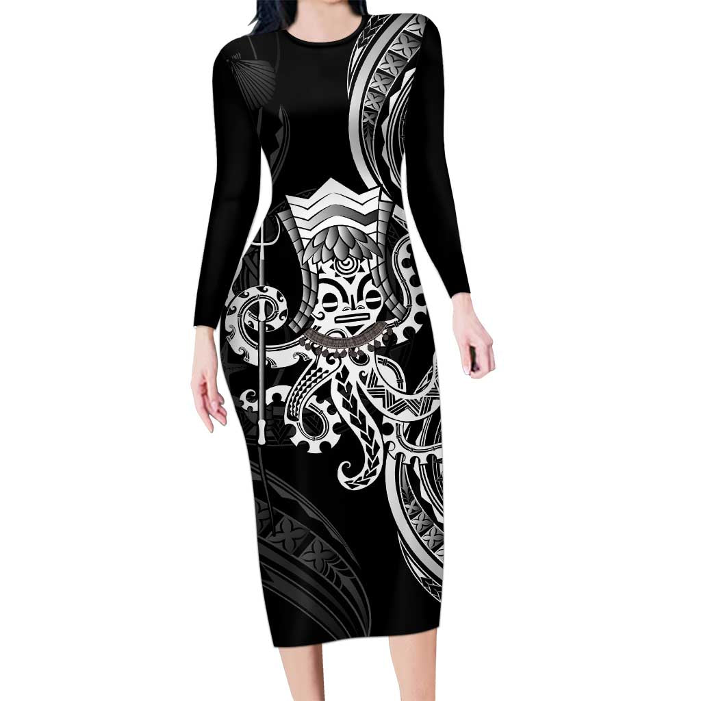 Black Hawaii Kanaloa God Family Matching Long Sleeve Bodycon Dress and Hawaiian Shirt Hawaiian Octopus LT14 Mom's Dress Black - Polynesian Pride