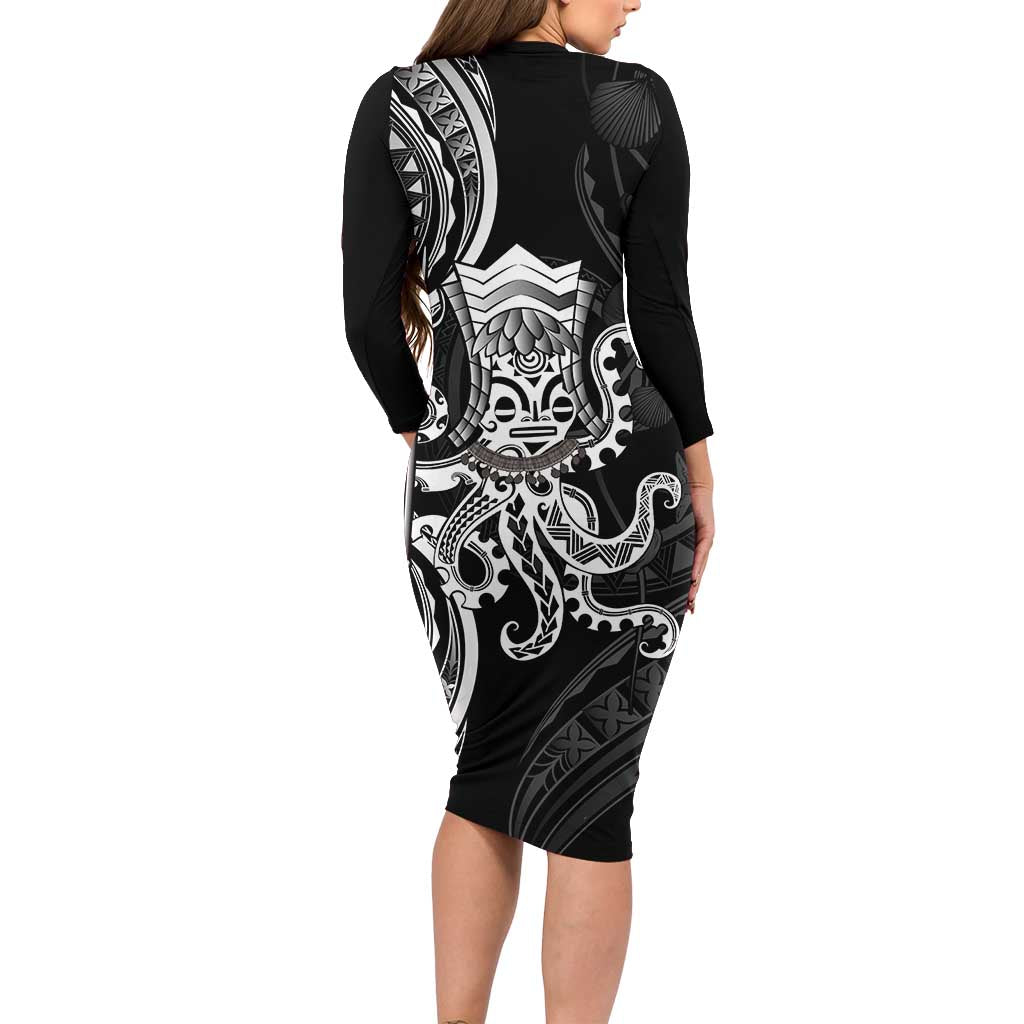 Black Hawaii Kanaloa God Family Matching Long Sleeve Bodycon Dress and Hawaiian Shirt Hawaiian Octopus LT14 - Polynesian Pride