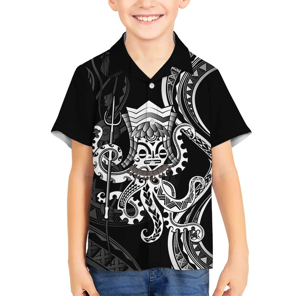 Black Hawaii Kanaloa God Family Matching Long Sleeve Bodycon Dress and Hawaiian Shirt Hawaiian Octopus LT14 Son's Shirt Black - Polynesian Pride