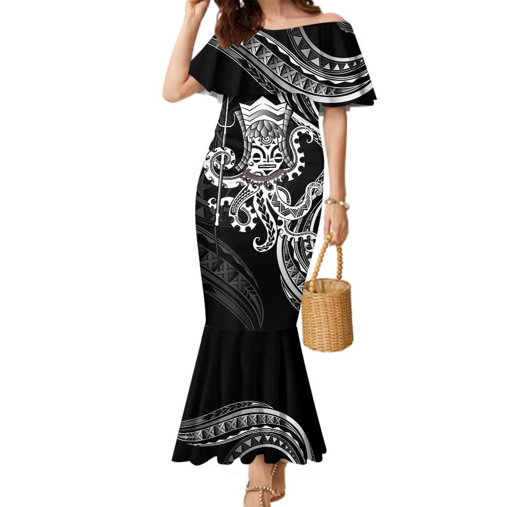 Black Hawaii Kanaloa God Family Matching Mermaid Dress and Hawaiian Shirt Hawaiian Octopus LT14 Mom's Dress Black - Polynesian Pride