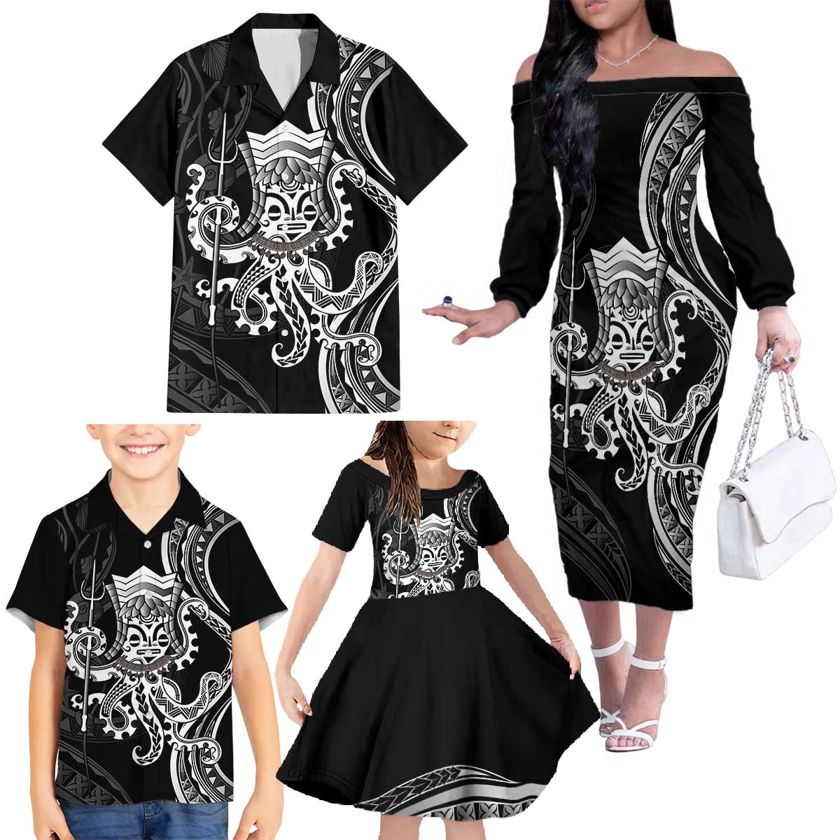 Black Hawaii Kanaloa God Family Matching Off The Shoulder Long Sleeve Dress and Hawaiian Shirt Hawaiian Octopus LT14 - Polynesian Pride