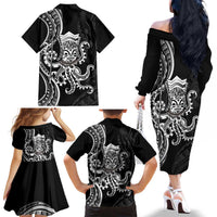 Black Hawaii Kanaloa God Family Matching Off The Shoulder Long Sleeve Dress and Hawaiian Shirt Hawaiian Octopus LT14 - Polynesian Pride
