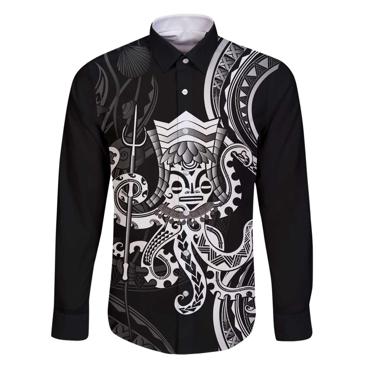 Black Hawaii Kanaloa God Family Matching Off The Shoulder Long Sleeve Dress and Hawaiian Shirt Hawaiian Octopus LT14 Dad's Shirt - Long Sleeve Black - Polynesian Pride