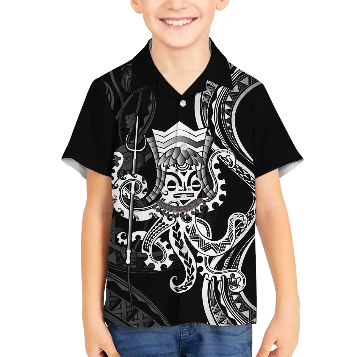 Black Hawaii Kanaloa God Family Matching Off The Shoulder Long Sleeve Dress and Hawaiian Shirt Hawaiian Octopus LT14 Son's Shirt Black - Polynesian Pride