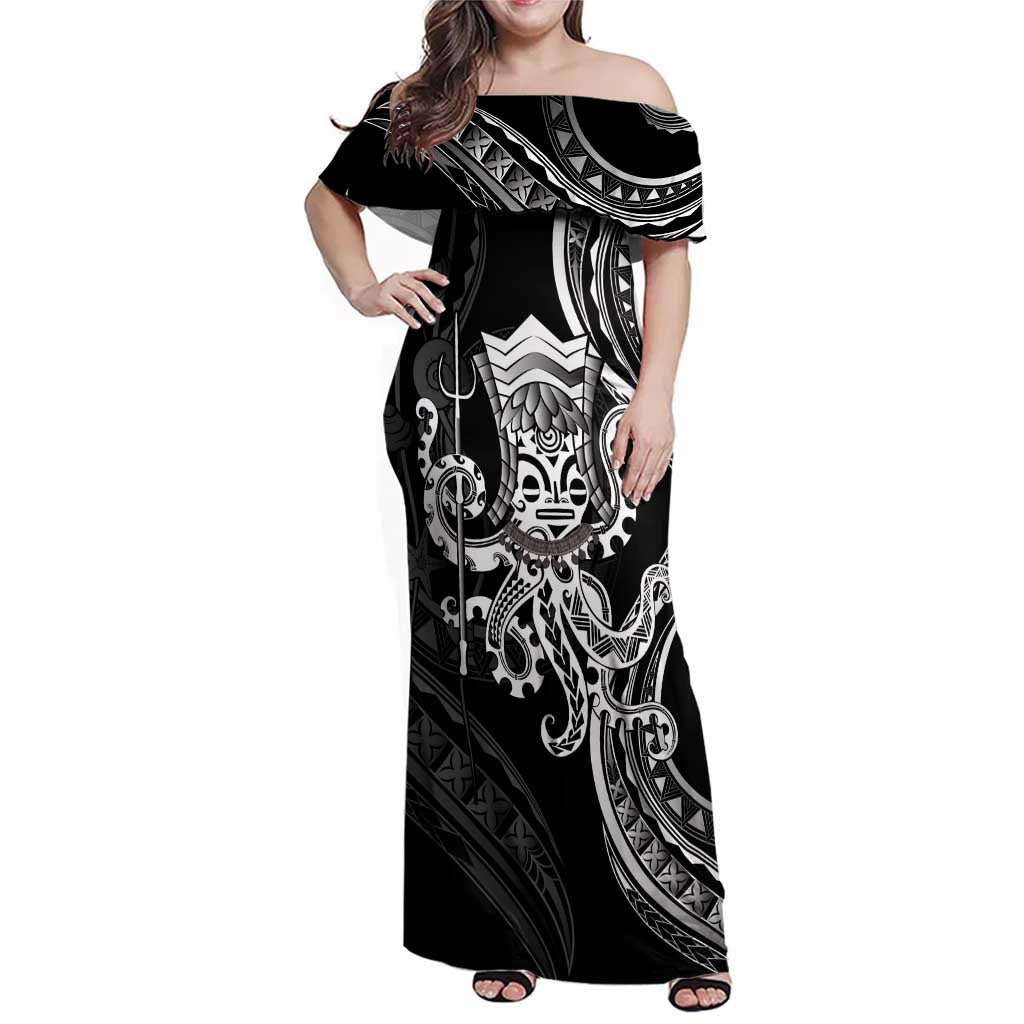 Black Hawaii Kanaloa God Family Matching Off Shoulder Maxi Dress and Hawaiian Shirt Hawaiian Octopus LT14 Mom's Dress Black - Polynesian Pride