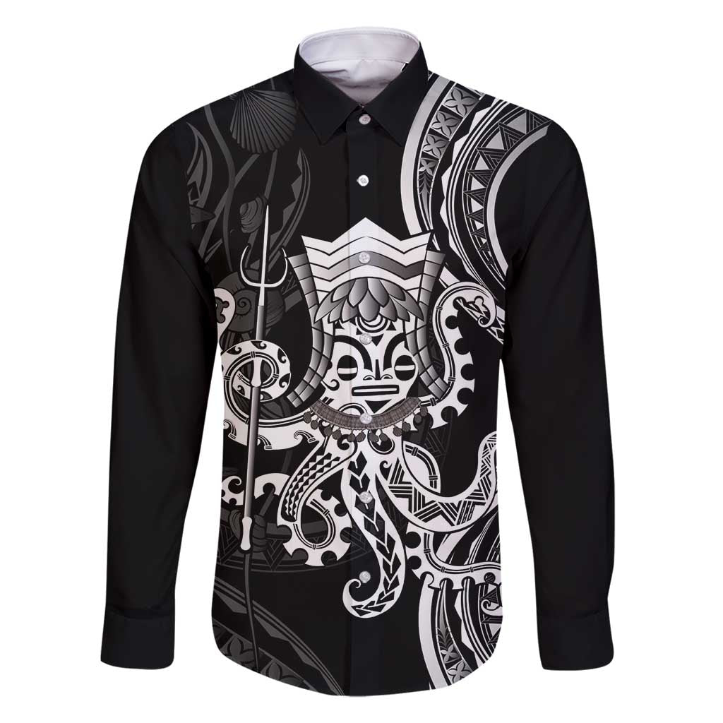 Black Hawaii Kanaloa God Family Matching Off Shoulder Short Dress and Hawaiian Shirt Hawaiian Octopus LT14 Dad's Shirt - Long Sleeve Black - Polynesian Pride