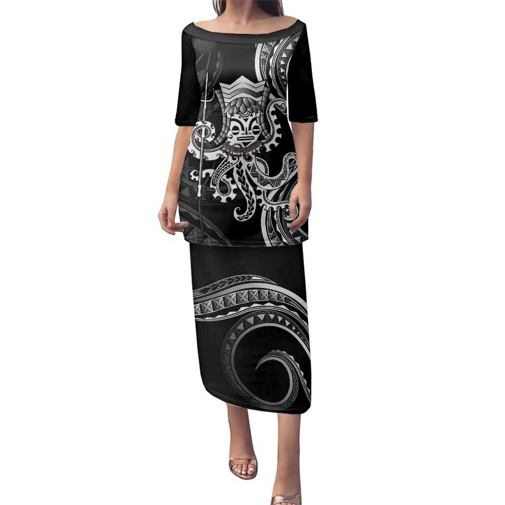 Black Hawaii Kanaloa God Family Matching Puletasi and Hawaiian Shirt Hawaiian Octopus LT14 Mom's Dress Black - Polynesian Pride