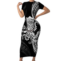 Black Hawaii Kanaloa God Family Matching Short Sleeve Bodycon Dress and Hawaiian Shirt Hawaiian Octopus LT14 Mom's Dress Black - Polynesian Pride
