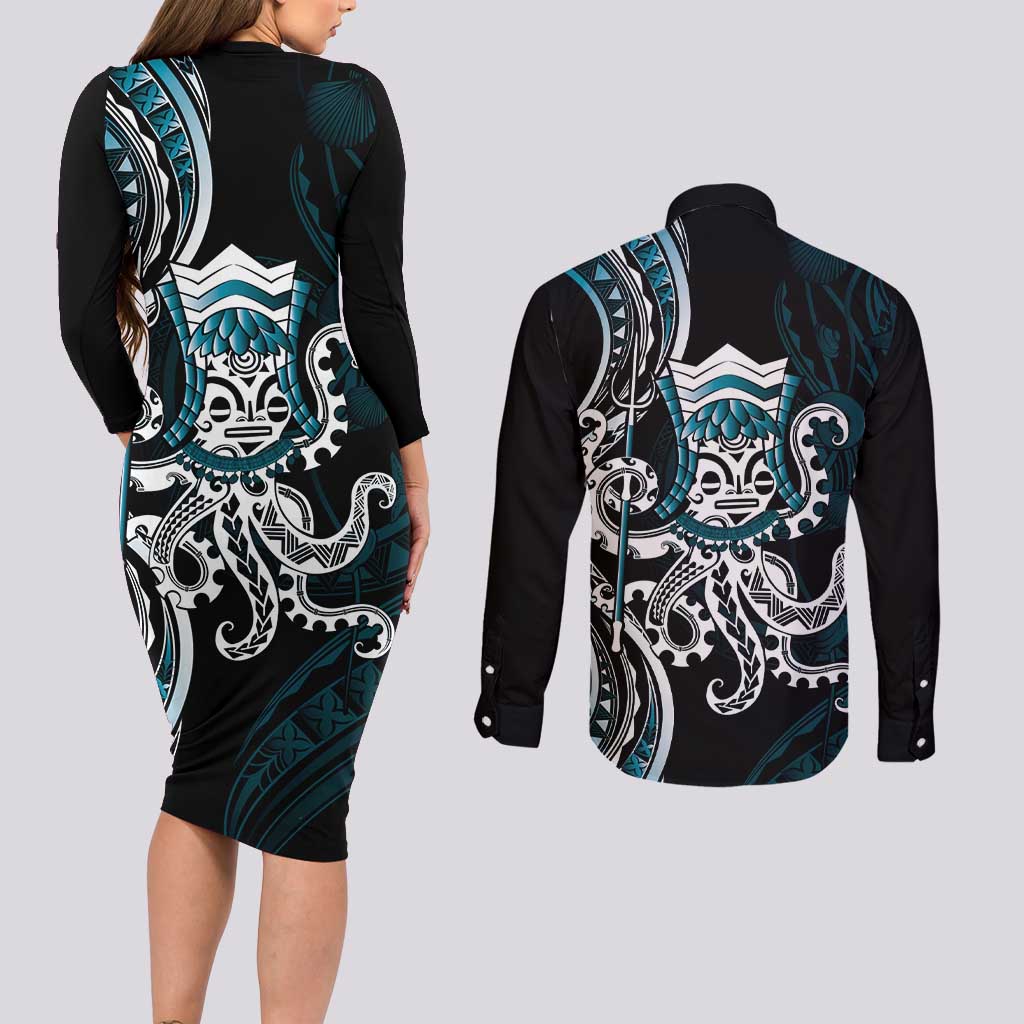 Turquoise Hawaii Kanaloa God Couples Matching Long Sleeve Bodycon Dress and Long Sleeve Button Shirt Hawaiian Octopus LT14 - Polynesian Pride