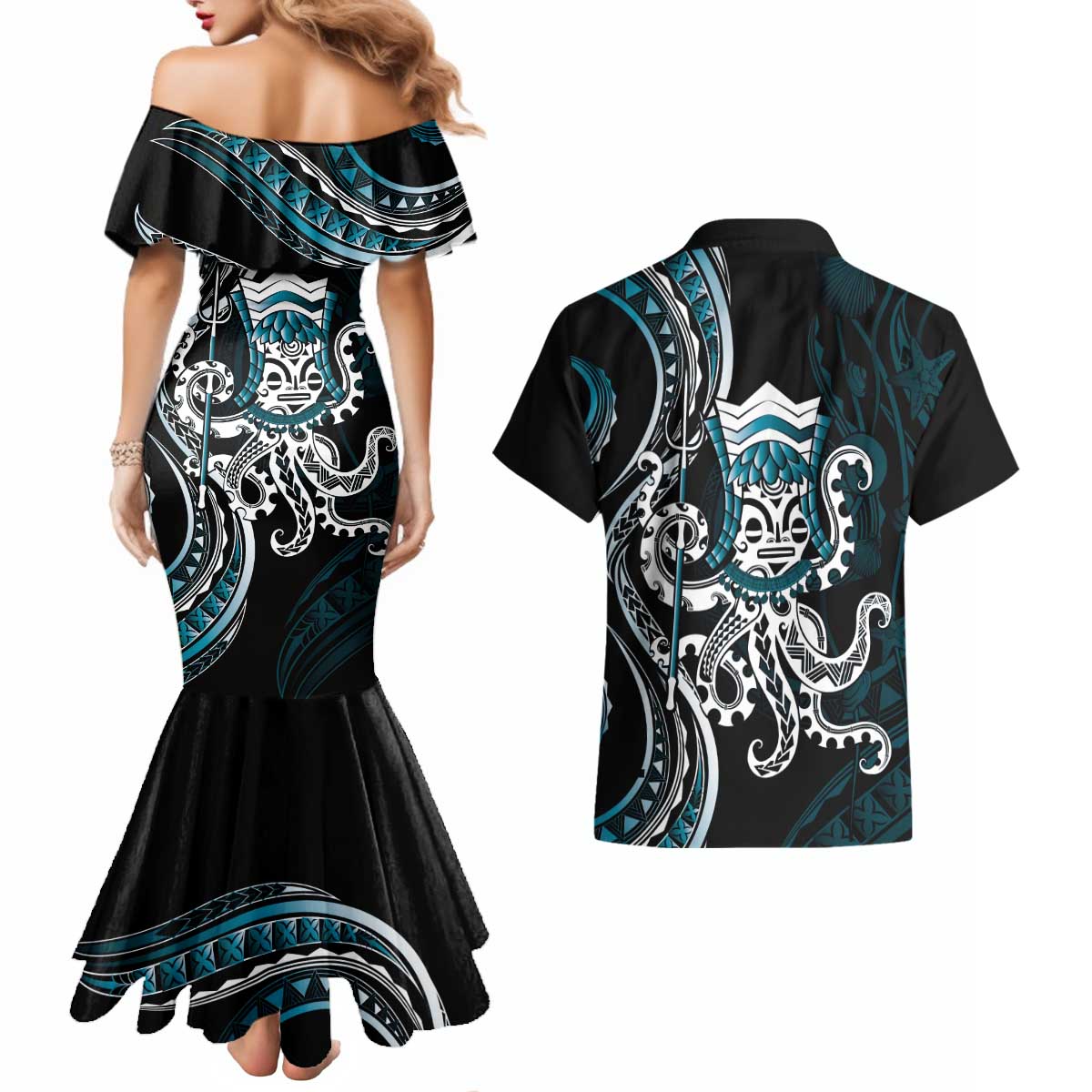 Turquoise Hawaii Kanaloa God Couples Matching Mermaid Dress and Hawaiian Shirt Hawaiian Octopus LT14 - Polynesian Pride