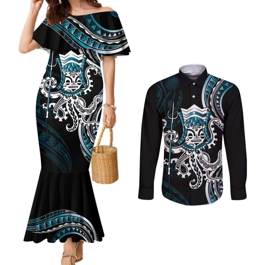 Turquoise Hawaii Kanaloa God Couples Matching Mermaid Dress and Long Sleeve Button Shirt Hawaiian Octopus LT14 Turquoise - Polynesian Pride