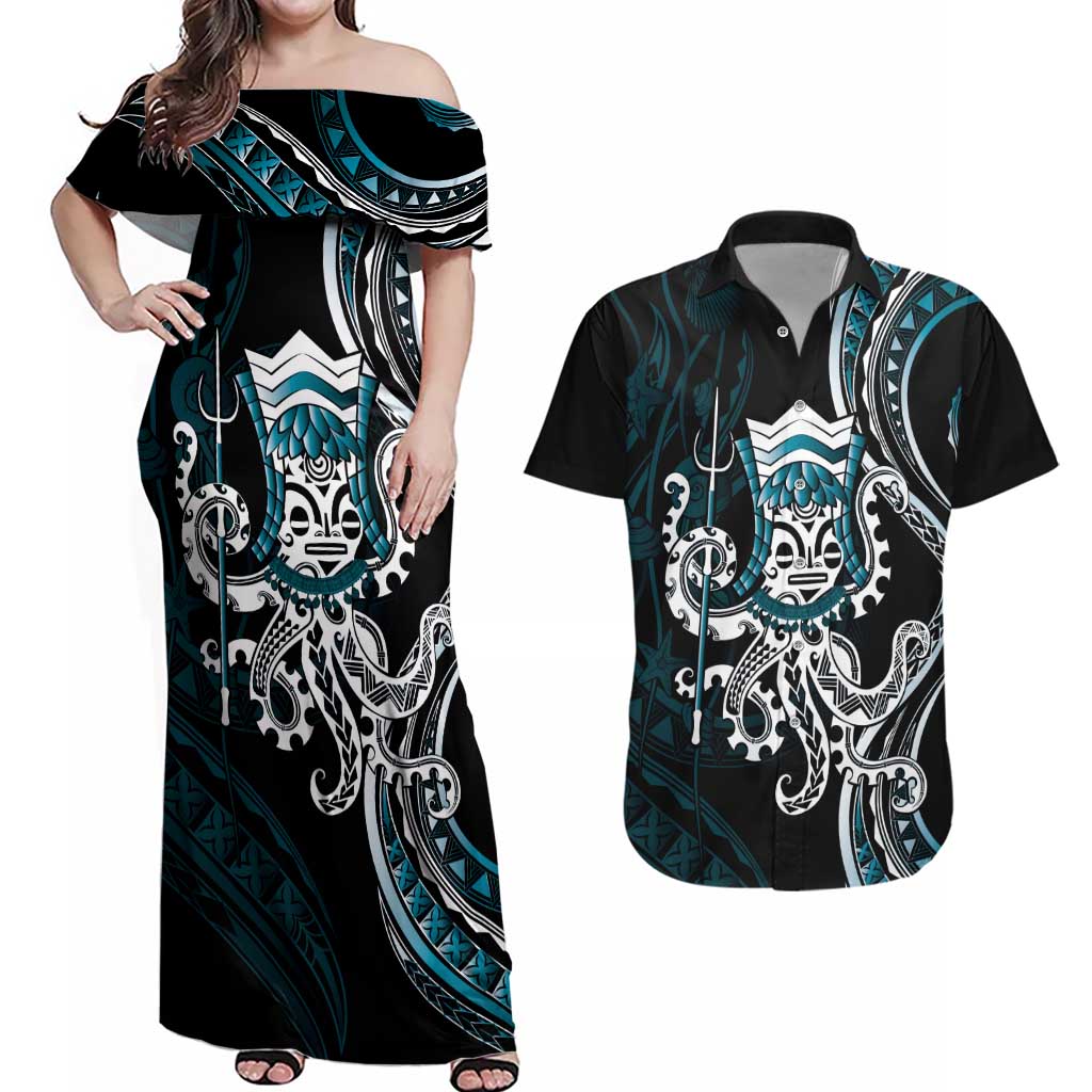 Turquoise Hawaii Kanaloa God Couples Matching Off Shoulder Maxi Dress and Hawaiian Shirt Hawaiian Octopus LT14 Turquoise - Polynesian Pride