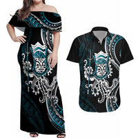 Turquoise Hawaii Kanaloa God Couples Matching Off Shoulder Maxi Dress and Hawaiian Shirt Hawaiian Octopus LT14 Turquoise - Polynesian Pride