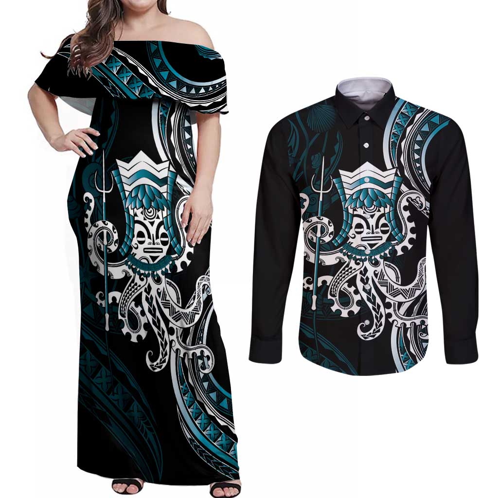 Turquoise Hawaii Kanaloa God Couples Matching Off Shoulder Maxi Dress and Long Sleeve Button Shirt Hawaiian Octopus LT14 Turquoise - Polynesian Pride