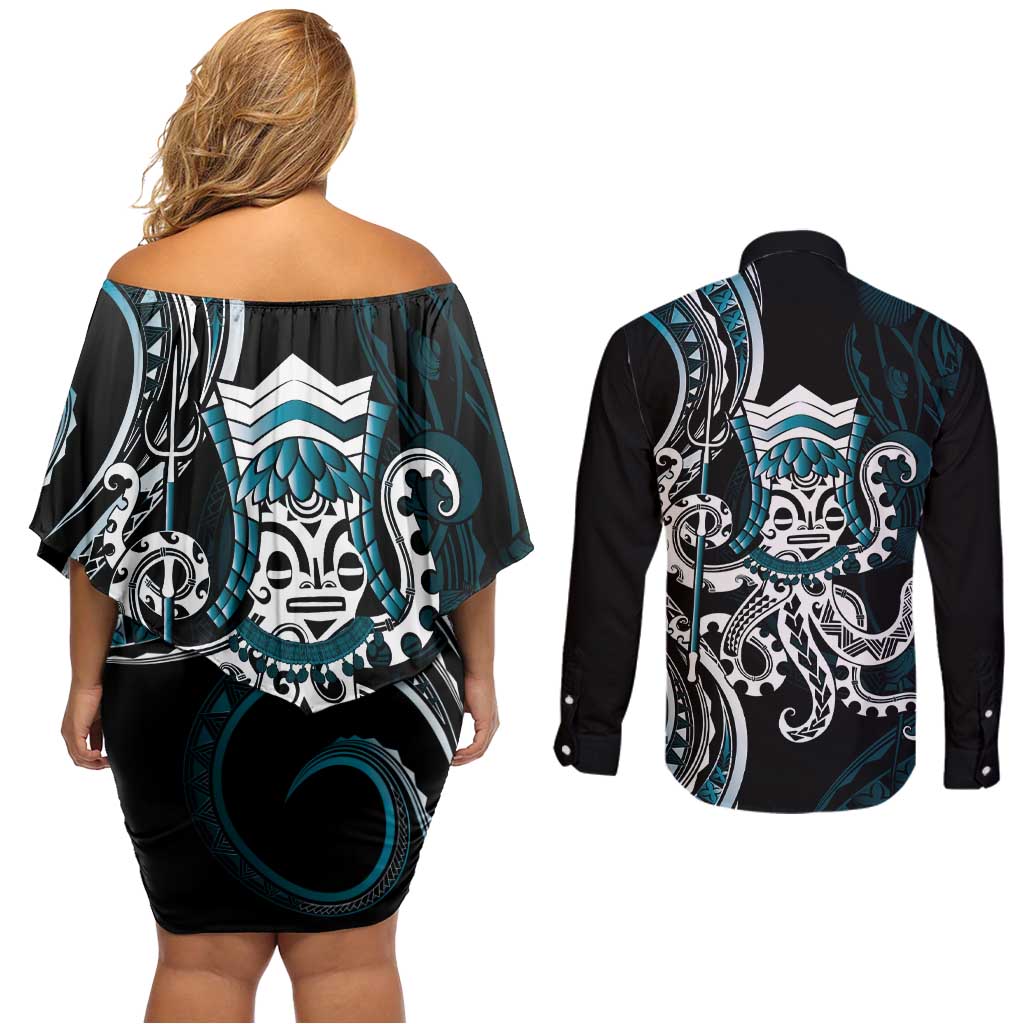Turquoise Hawaii Kanaloa God Couples Matching Off Shoulder Short Dress and Long Sleeve Button Shirt Hawaiian Octopus LT14 - Polynesian Pride