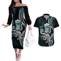 Turquoise Hawaii Kanaloa God Couples Matching Off The Shoulder Long Sleeve Dress and Hawaiian Shirt Hawaiian Octopus LT14 Turquoise - Polynesian Pride