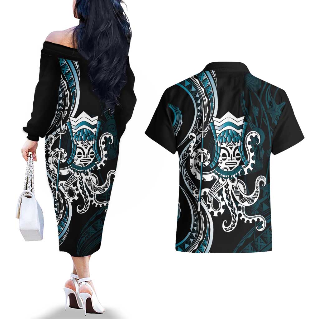 Turquoise Hawaii Kanaloa God Couples Matching Off The Shoulder Long Sleeve Dress and Hawaiian Shirt Hawaiian Octopus LT14 - Polynesian Pride