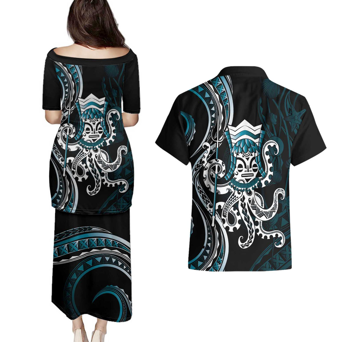 Turquoise Hawaii Kanaloa God Couples Matching Puletasi and Hawaiian Shirt Hawaiian Octopus LT14 - Polynesian Pride