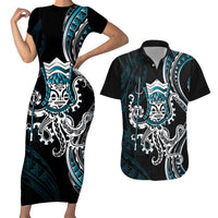 Turquoise Hawaii Kanaloa God Couples Matching Short Sleeve Bodycon Dress and Hawaiian Shirt Hawaiian Octopus LT14 Turquoise - Polynesian Pride