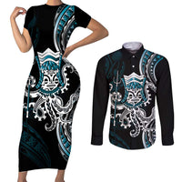 Turquoise Hawaii Kanaloa God Couples Matching Short Sleeve Bodycon Dress and Long Sleeve Button Shirt Hawaiian Octopus LT14 Turquoise - Polynesian Pride
