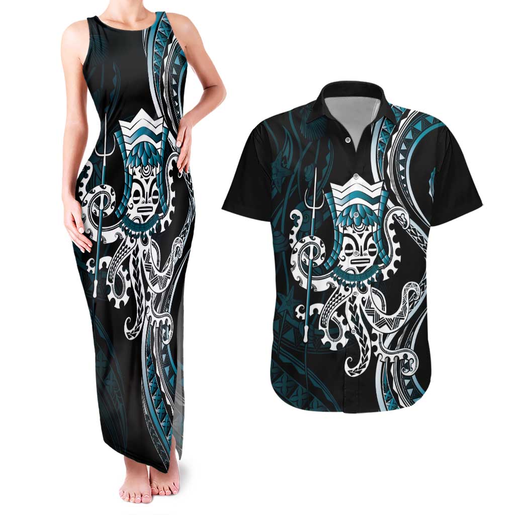 Turquoise Hawaii Kanaloa God Couples Matching Tank Maxi Dress and Hawaiian Shirt Hawaiian Octopus LT14 Turquoise - Polynesian Pride