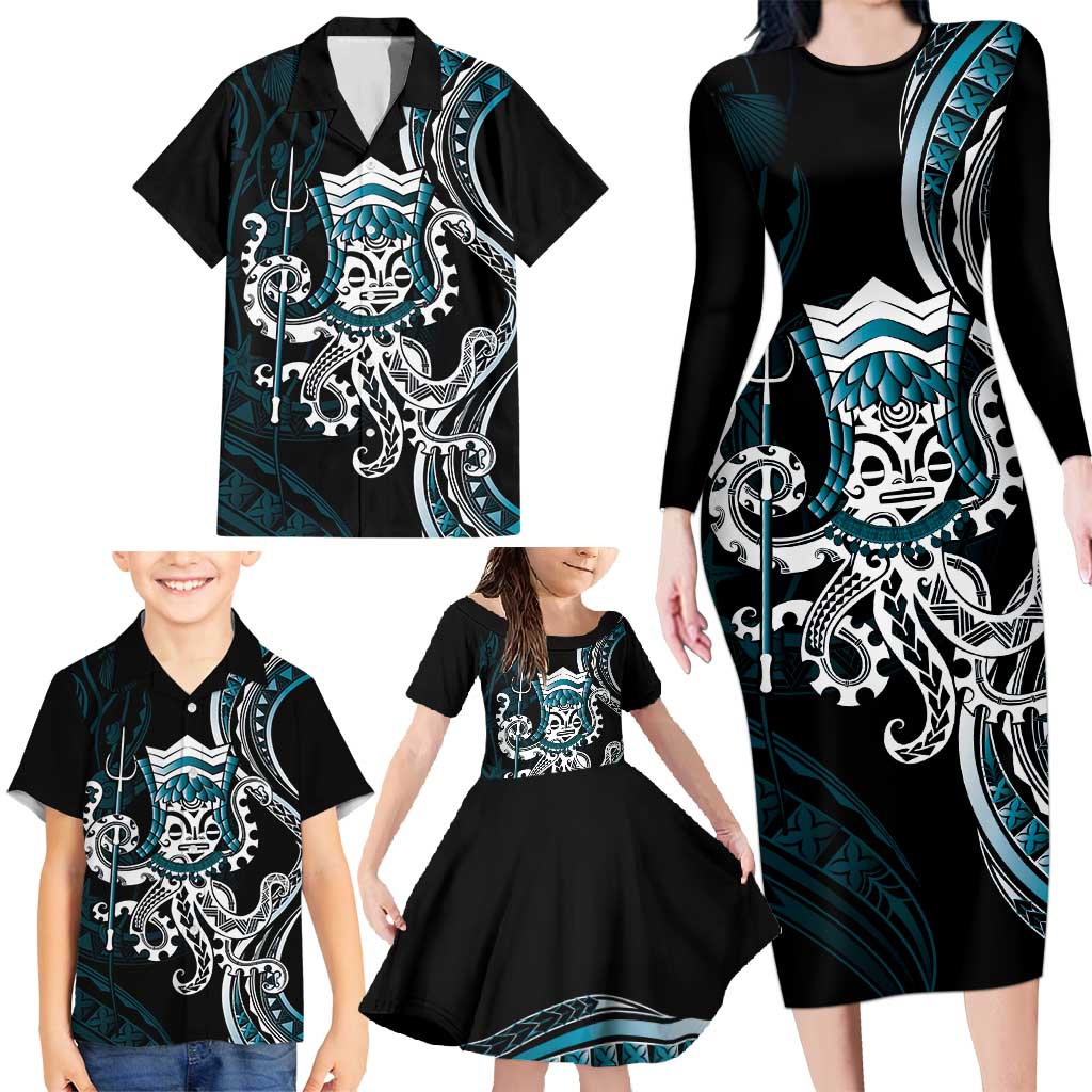 Turquoise Hawaii Kanaloa God Family Matching Long Sleeve Bodycon Dress and Hawaiian Shirt Hawaiian Octopus LT14 - Polynesian Pride