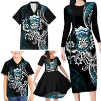 Turquoise Hawaii Kanaloa God Family Matching Long Sleeve Bodycon Dress and Hawaiian Shirt Hawaiian Octopus LT14 - Polynesian Pride