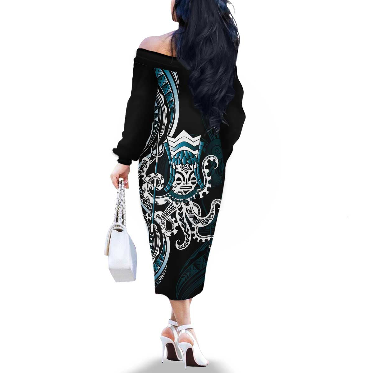 Turquoise Hawaii Kanaloa God Family Matching Off The Shoulder Long Sleeve Dress and Hawaiian Shirt Hawaiian Octopus LT14 - Polynesian Pride