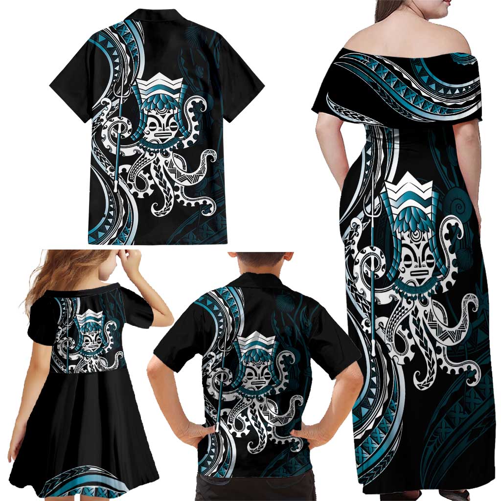 Turquoise Hawaii Kanaloa God Family Matching Off Shoulder Maxi Dress and Hawaiian Shirt Hawaiian Octopus LT14 - Polynesian Pride