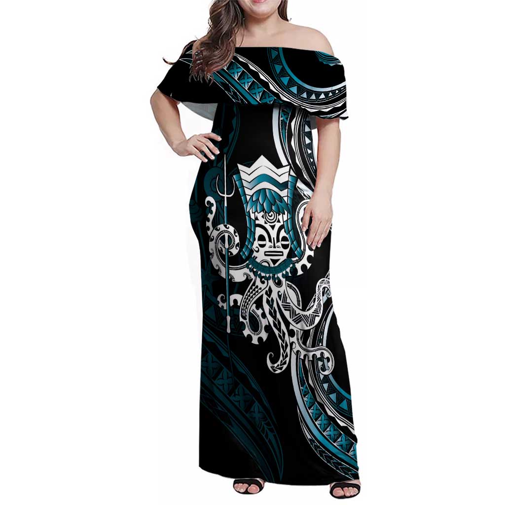 Turquoise Hawaii Kanaloa God Family Matching Off Shoulder Maxi Dress and Hawaiian Shirt Hawaiian Octopus LT14 Mom's Dress Turquoise - Polynesian Pride