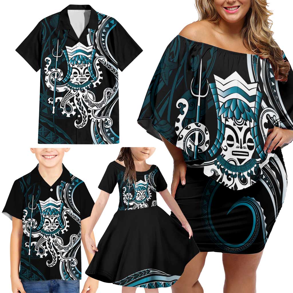 Turquoise Hawaii Kanaloa God Family Matching Off Shoulder Short Dress and Hawaiian Shirt Hawaiian Octopus LT14 - Polynesian Pride