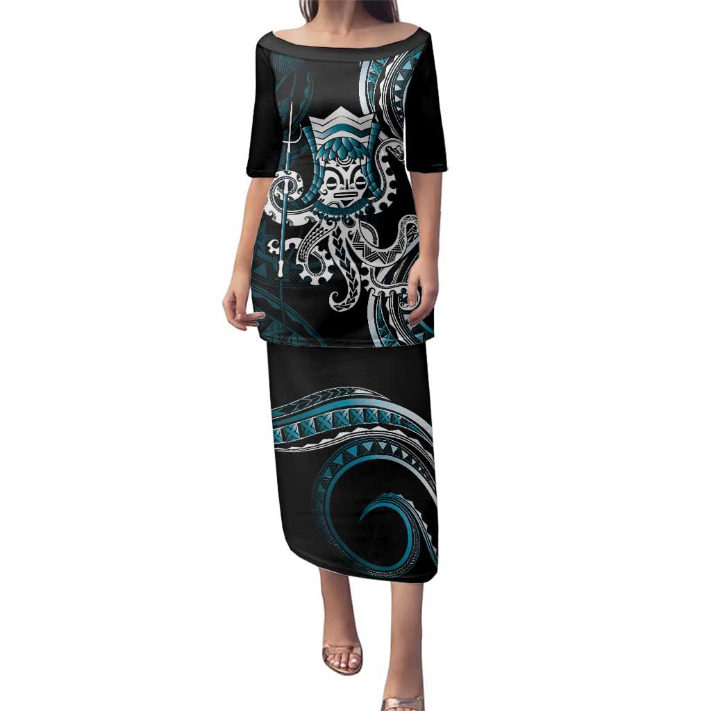 Turquoise Hawaii Kanaloa God Family Matching Puletasi and Hawaiian Shirt Hawaiian Octopus LT14 Mom's Dress Turquoise - Polynesian Pride