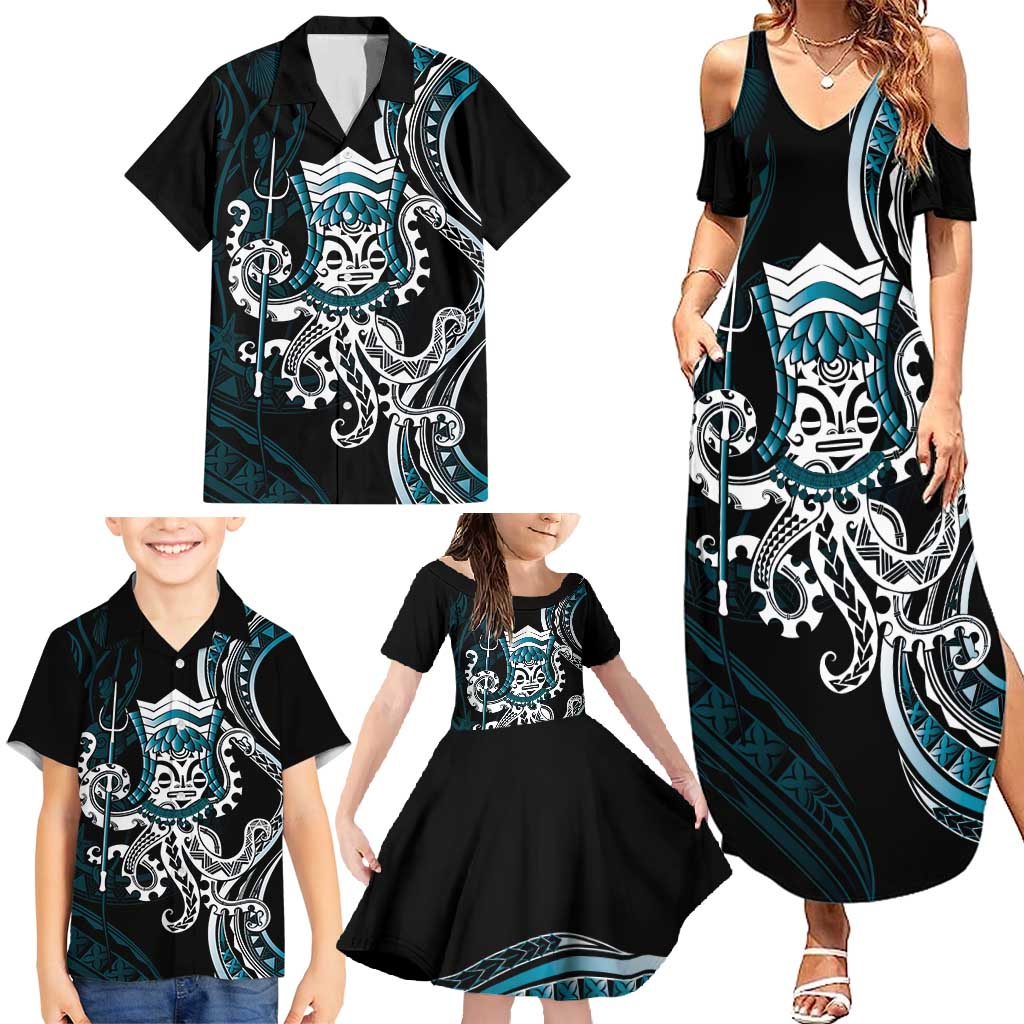Turquoise Hawaii Kanaloa God Family Matching Summer Maxi Dress and Hawaiian Shirt Hawaiian Octopus LT14 - Polynesian Pride
