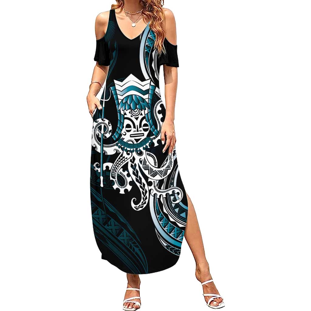 Turquoise Hawaii Kanaloa God Family Matching Summer Maxi Dress and Hawaiian Shirt Hawaiian Octopus LT14 Mom's Dress Turquoise - Polynesian Pride