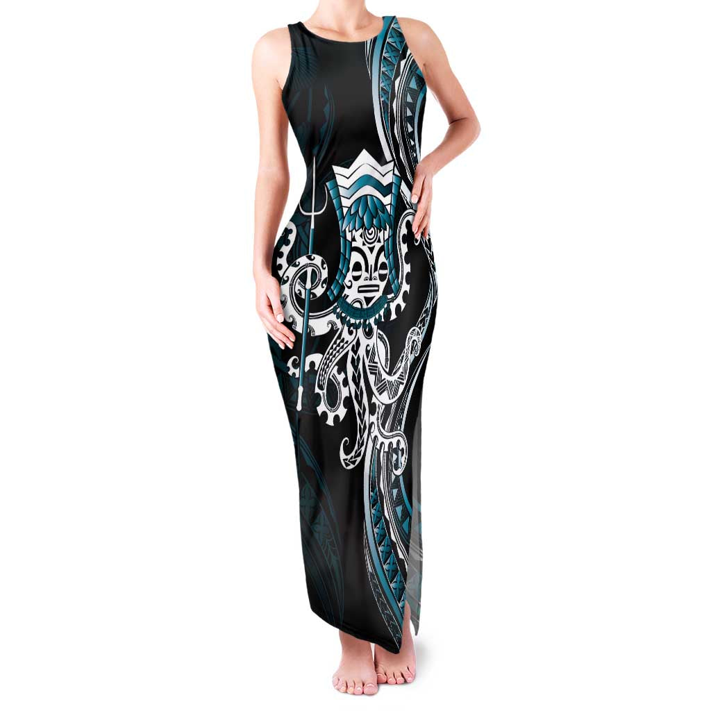 Turquoise Hawaii Kanaloa God Family Matching Tank Maxi Dress and Hawaiian Shirt Hawaiian Octopus LT14 Mom's Dress Turquoise - Polynesian Pride