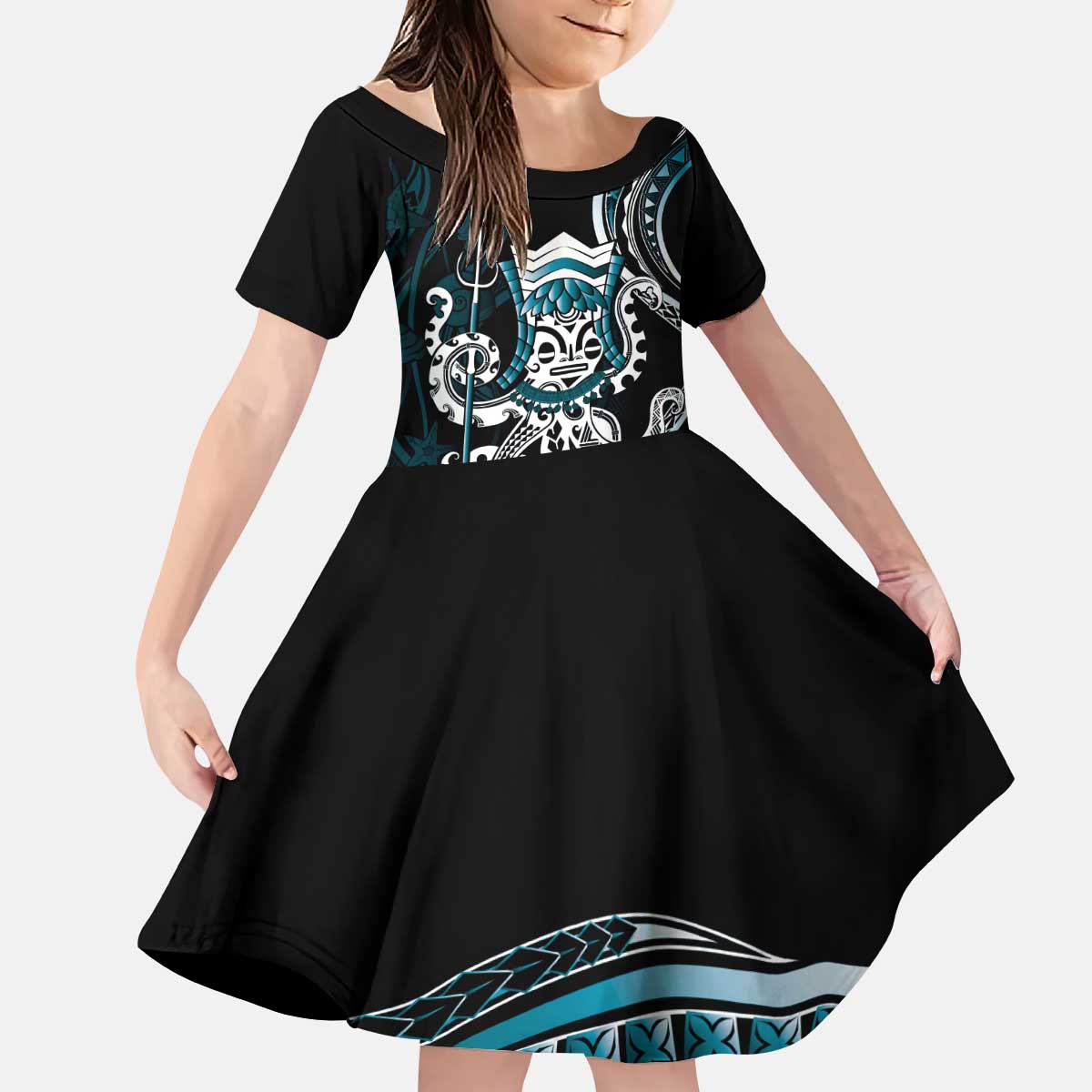Turquoise Hawaii Kanaloa God Kid Short Sleeve Dress Hawaiian Octopus LT14 KID Turquoise - Polynesian Pride