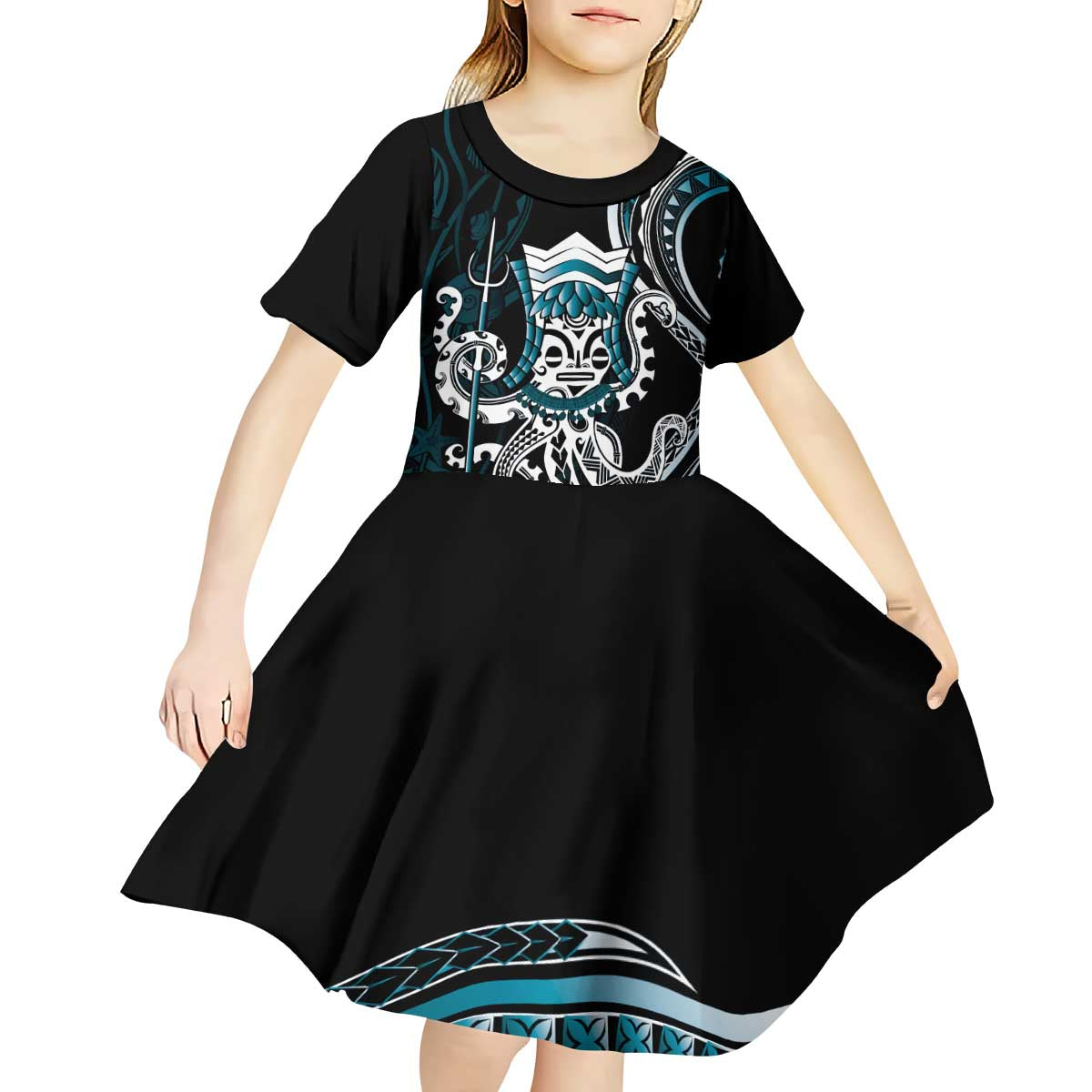 Turquoise Hawaii Kanaloa God Kid Short Sleeve Dress Hawaiian Octopus LT14 - Polynesian Pride