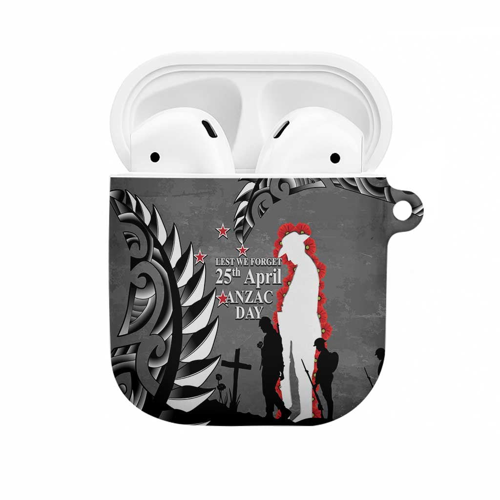 New Zealand ANZAC Day AirPods Case 25th April Silver Fern With Poppy LT14 Gray - Polynesian Pride