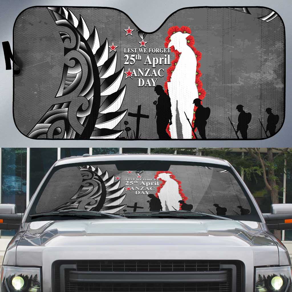 New Zealand ANZAC Day Auto Sun Shade 25th April Silver Fern With Poppy LT14 Gray - Polynesian Pride