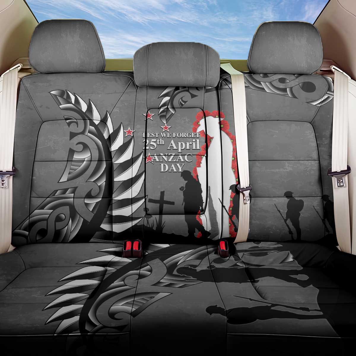 New Zealand ANZAC Day Back Car Seat Cover 25th April Silver Fern With Poppy LT14 One Size Gray - Polynesian Pride
