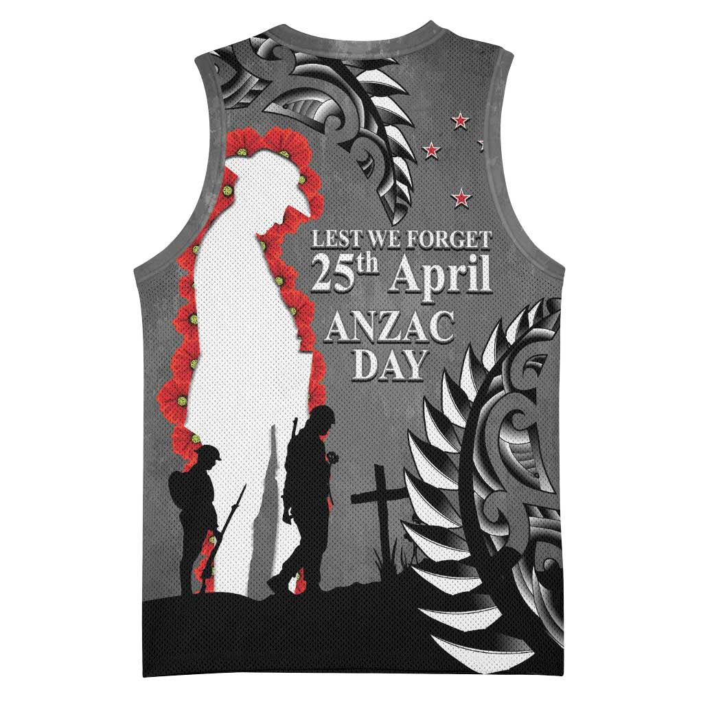 New Zealand ANZAC Day Basketball Jersey 25th April Silver Fern With Poppy LT14 - Polynesian Pride