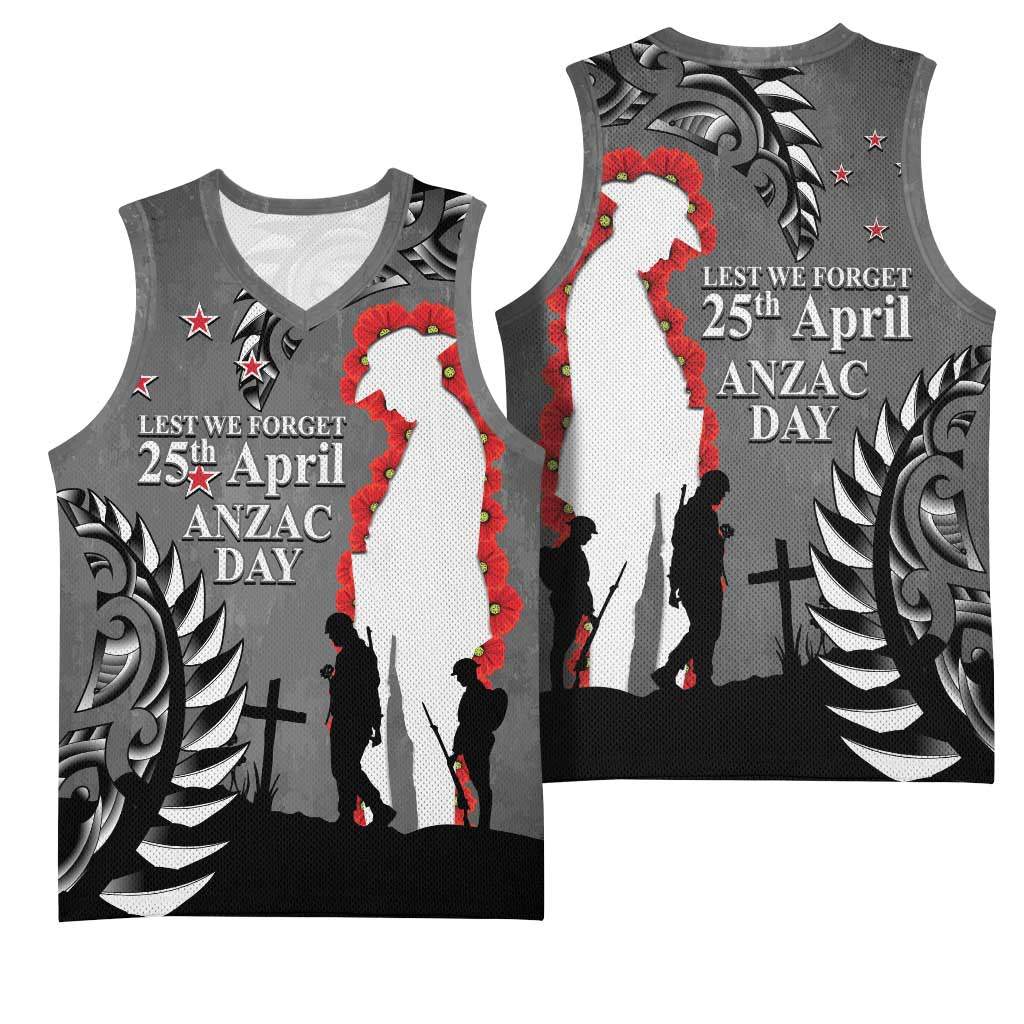 New Zealand ANZAC Day Basketball Jersey 25th April Silver Fern With Poppy LT14 - Polynesian Pride