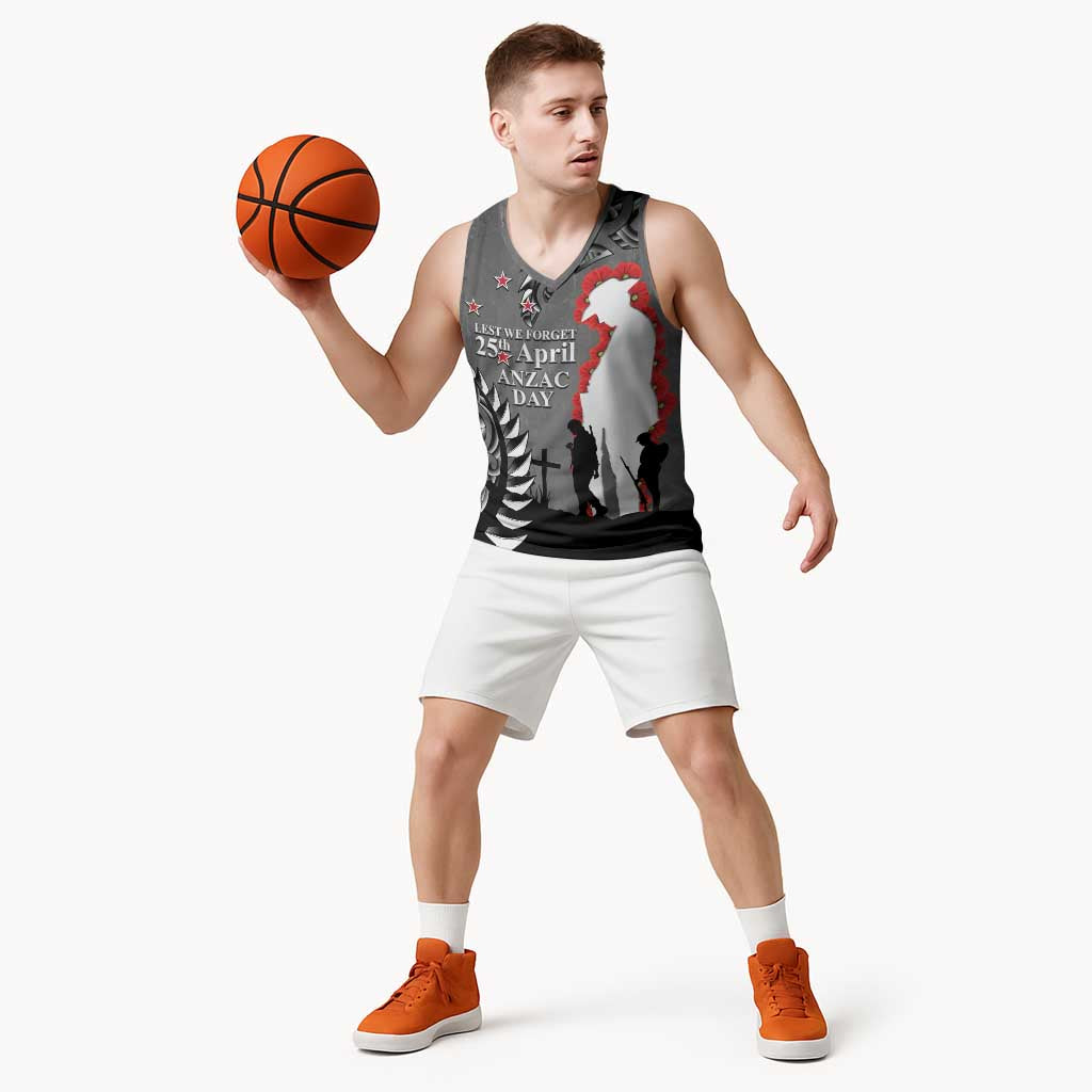 New Zealand ANZAC Day Basketball Jersey 25th April Silver Fern With Poppy LT14 - Polynesian Pride