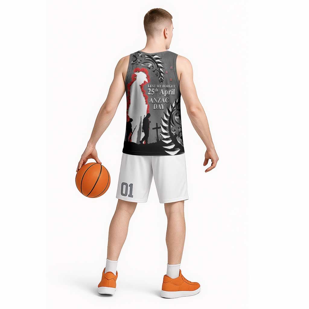 New Zealand ANZAC Day Basketball Jersey 25th April Silver Fern With Poppy LT14 - Polynesian Pride