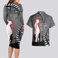 New Zealand ANZAC Day Couples Matching Long Sleeve Bodycon Dress and Hawaiian Shirt 25th April Silver Fern With Poppy LT14 - Polynesian Pride
