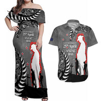 New Zealand ANZAC Day Couples Matching Off Shoulder Maxi Dress and Hawaiian Shirt 25th April Silver Fern With Poppy LT14 Gray - Polynesian Pride