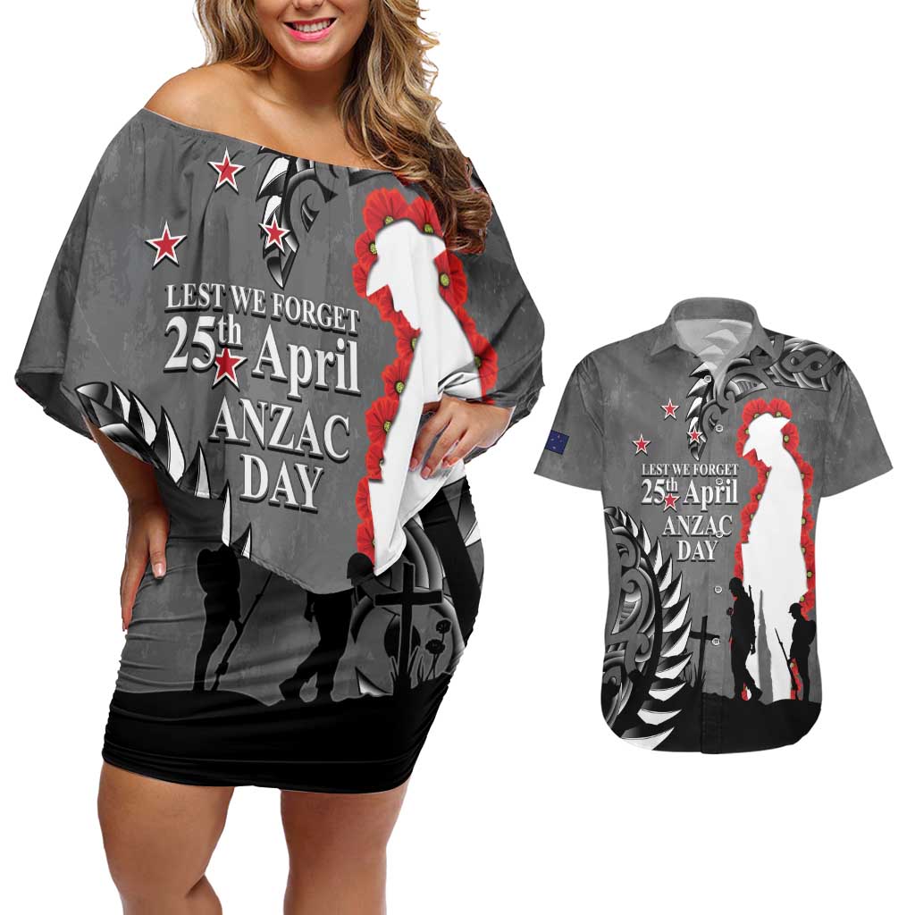 New Zealand ANZAC Day Couples Matching Off Shoulder Short Dress and Hawaiian Shirt 25th April Silver Fern With Poppy LT14 Gray - Polynesian Pride