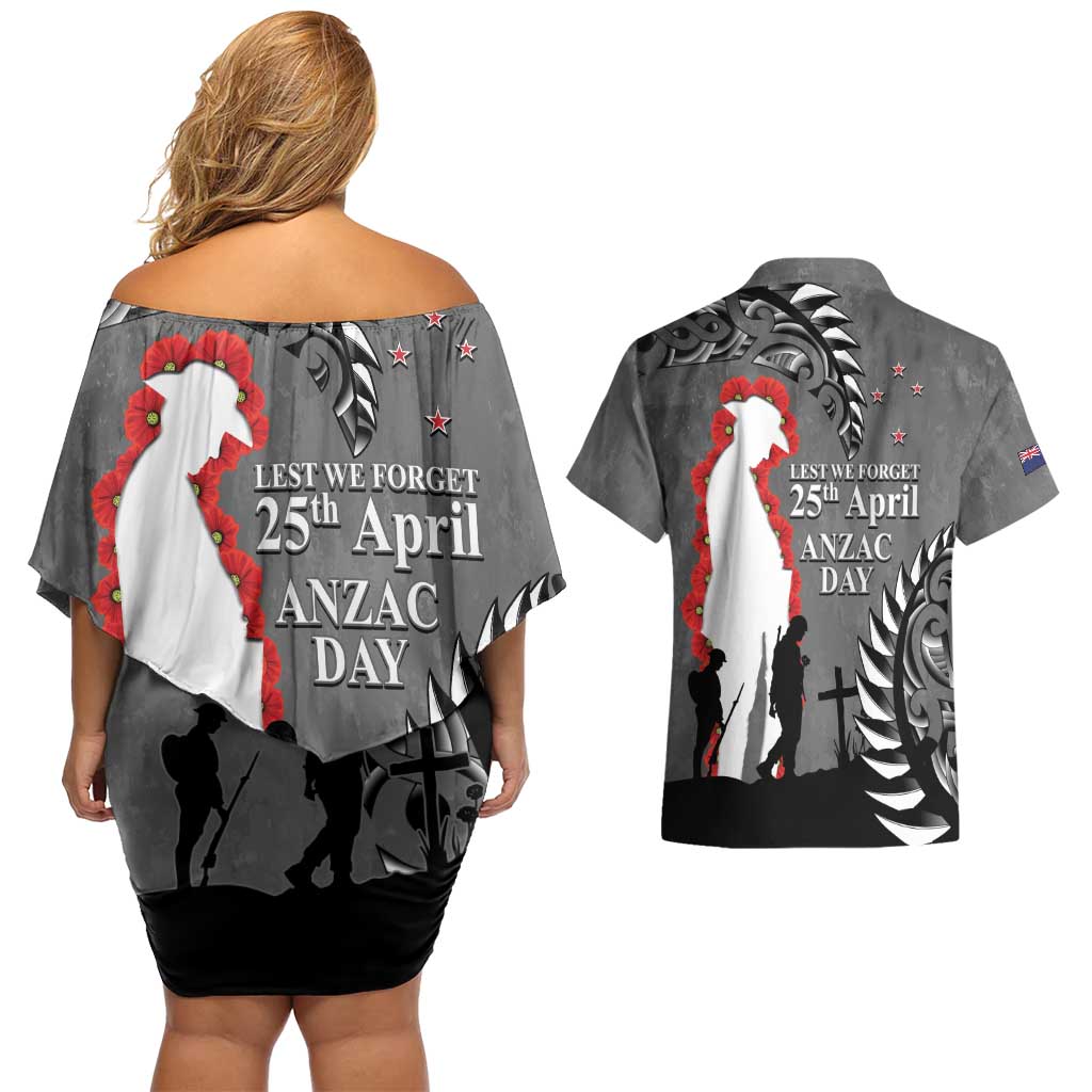 New Zealand ANZAC Day Couples Matching Off Shoulder Short Dress and Hawaiian Shirt 25th April Silver Fern With Poppy LT14 - Polynesian Pride